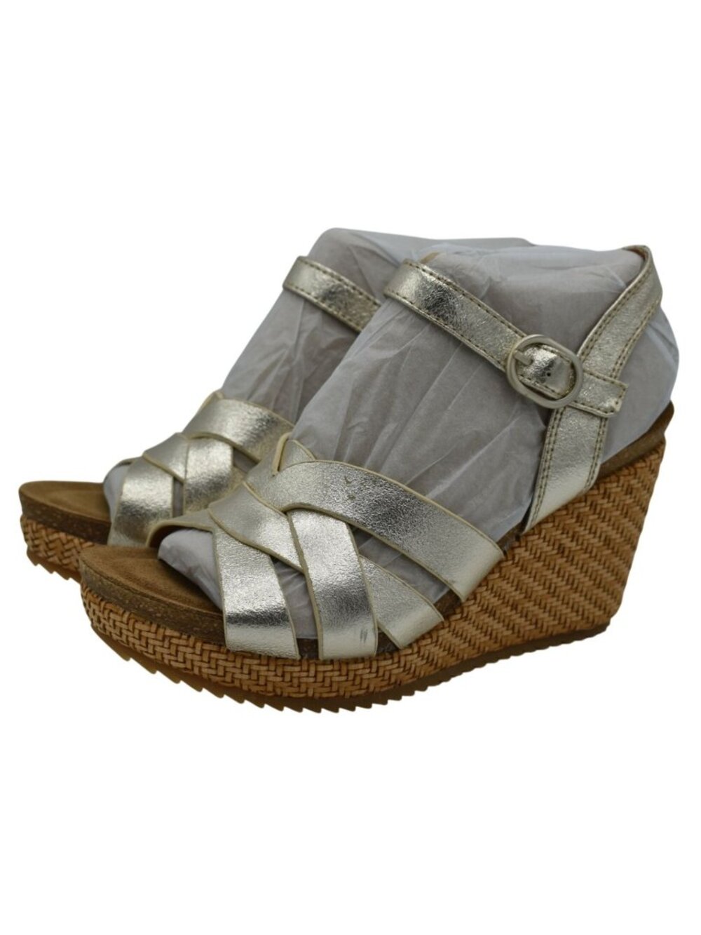 Sofft Womens Size 7 Carlana Wedge Platino Leather Woven Open Toe Sandals Shoes